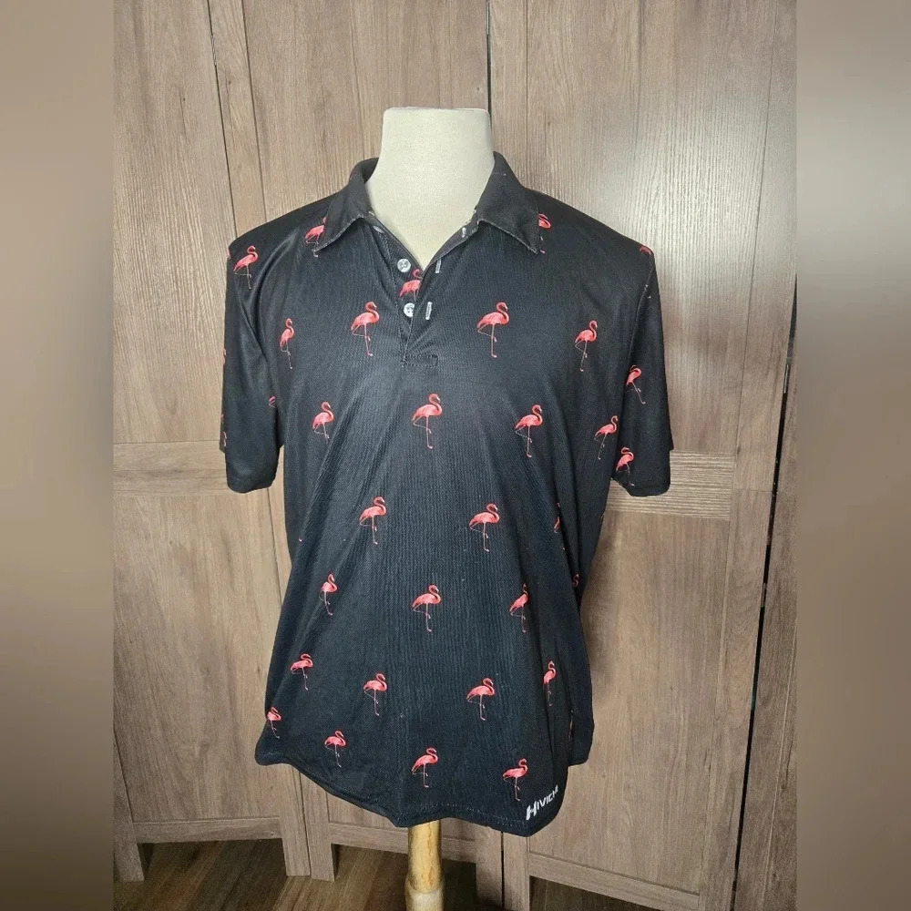 Mens golf Activewear black pink flamingo polo - Picture 5 of 11